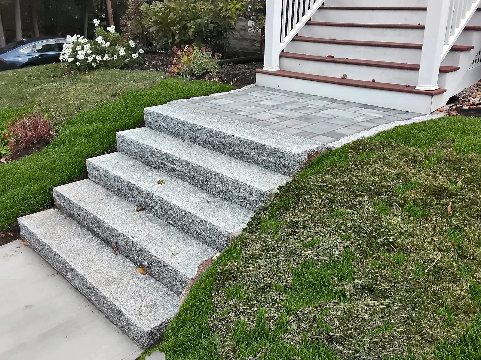 Granite steps and walkway in Stoneham: finished
